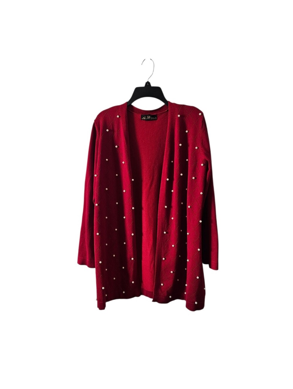 80 Park Womens Red Open Front Cardigan Sweater L Large Pearl Embellished Holiday